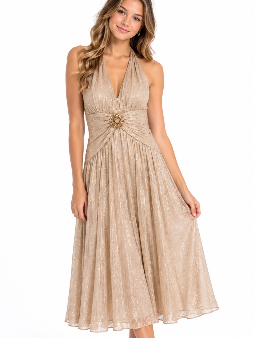 Champagne Gold Metallic Halter Prom Formal Cocktail Midi Dress
